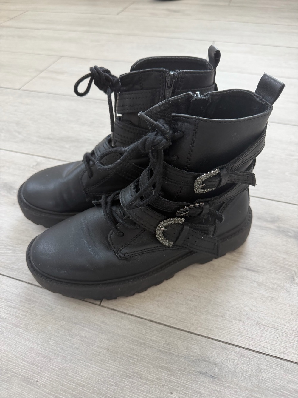 Zara Black Kids Lace-Up Ankle Boots with Rhinestone Buckles
